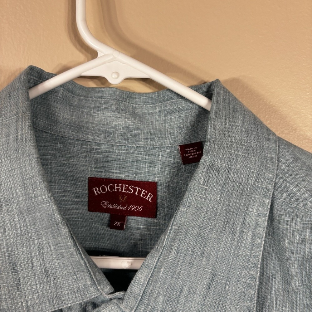 Rochester Big & Tall Size 2X Button Down Linen Shirt Aqua - Picture 10 of 10